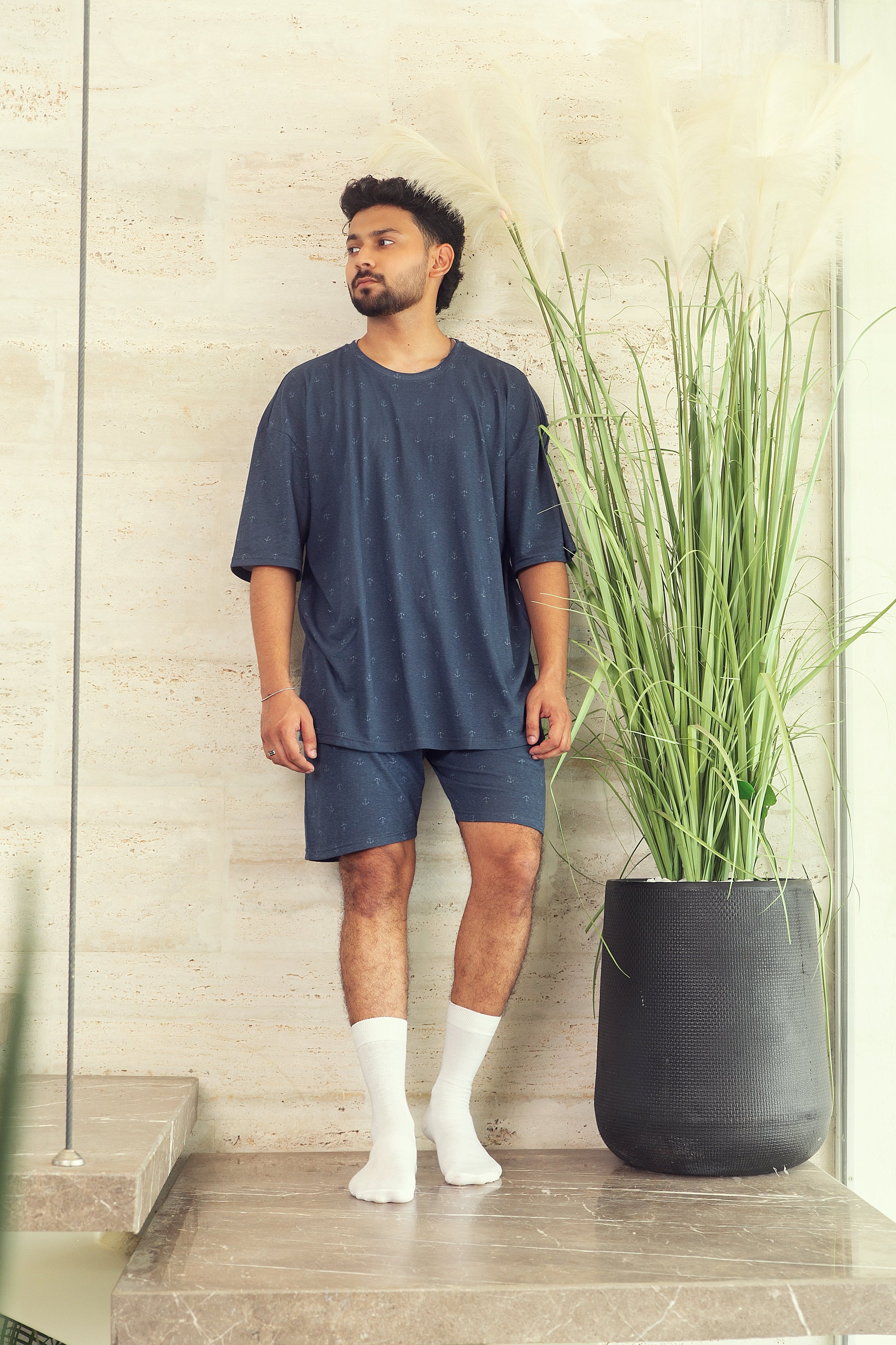 Men's Nightwear - Navy Anchor Shorts Set